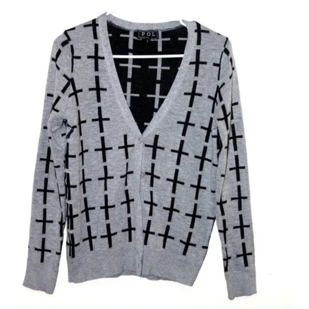 POL V‑Neck Gray Black Cross Pattern Cardigan Fall Casual S 100% Cotton - Picture 8 of 8